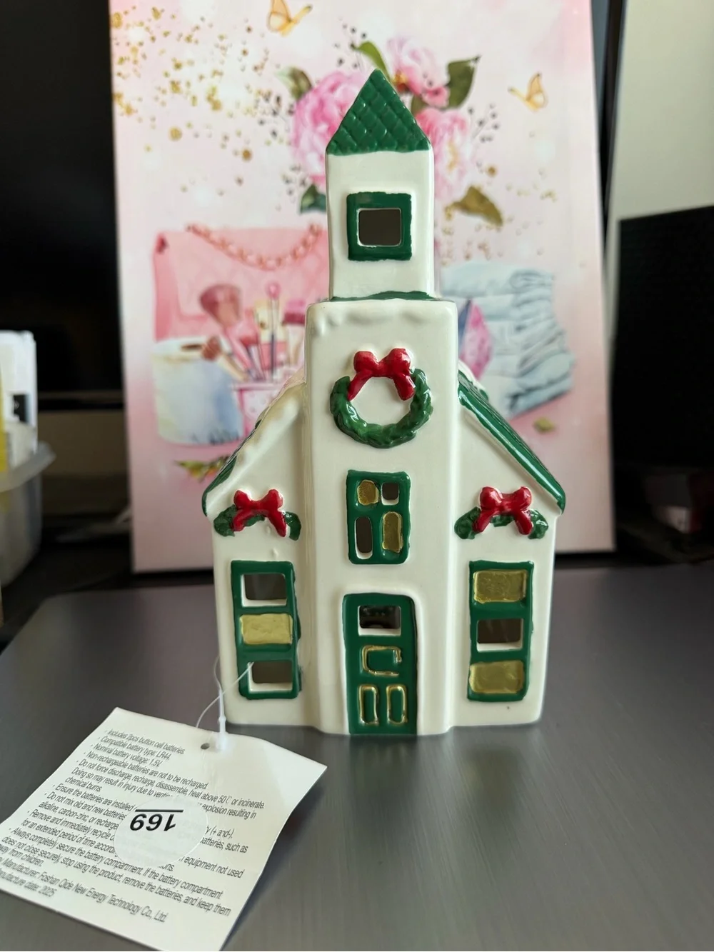 Threshold White Ceramic Holiday Church with Green Roof and Red Wreath Accents